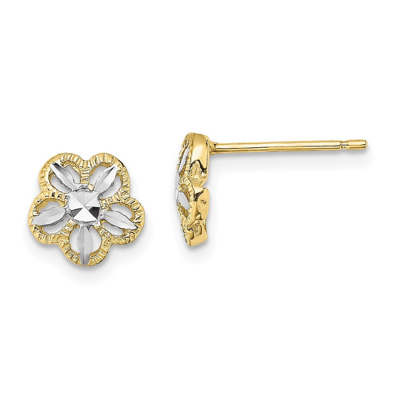 10K Yellow W/Rhodium 10K Diamond-Cut Flower Post Earrings