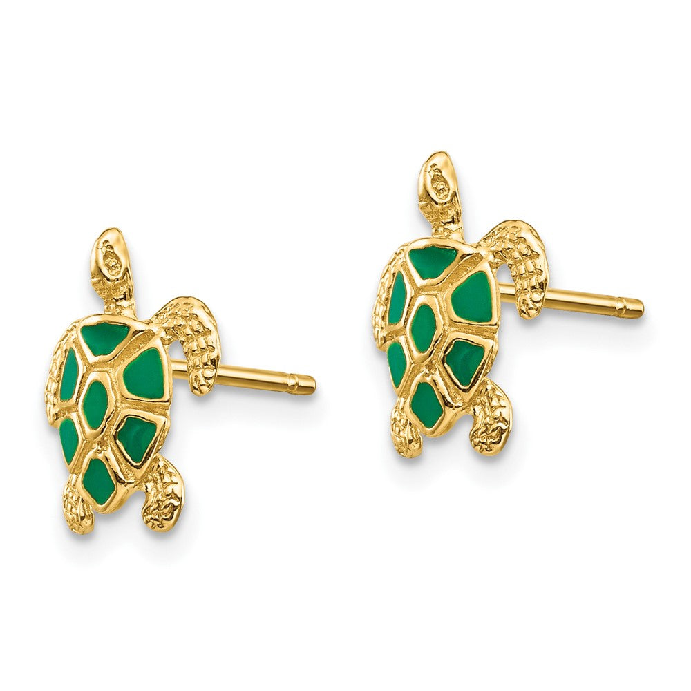 10K Yellow Gold 10K Green Enameled Sea Turtle Post Earrings