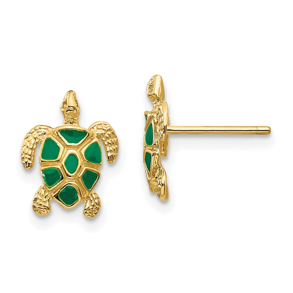 10K Yellow Gold 10K Green Enameled Sea Turtle Post Earrings