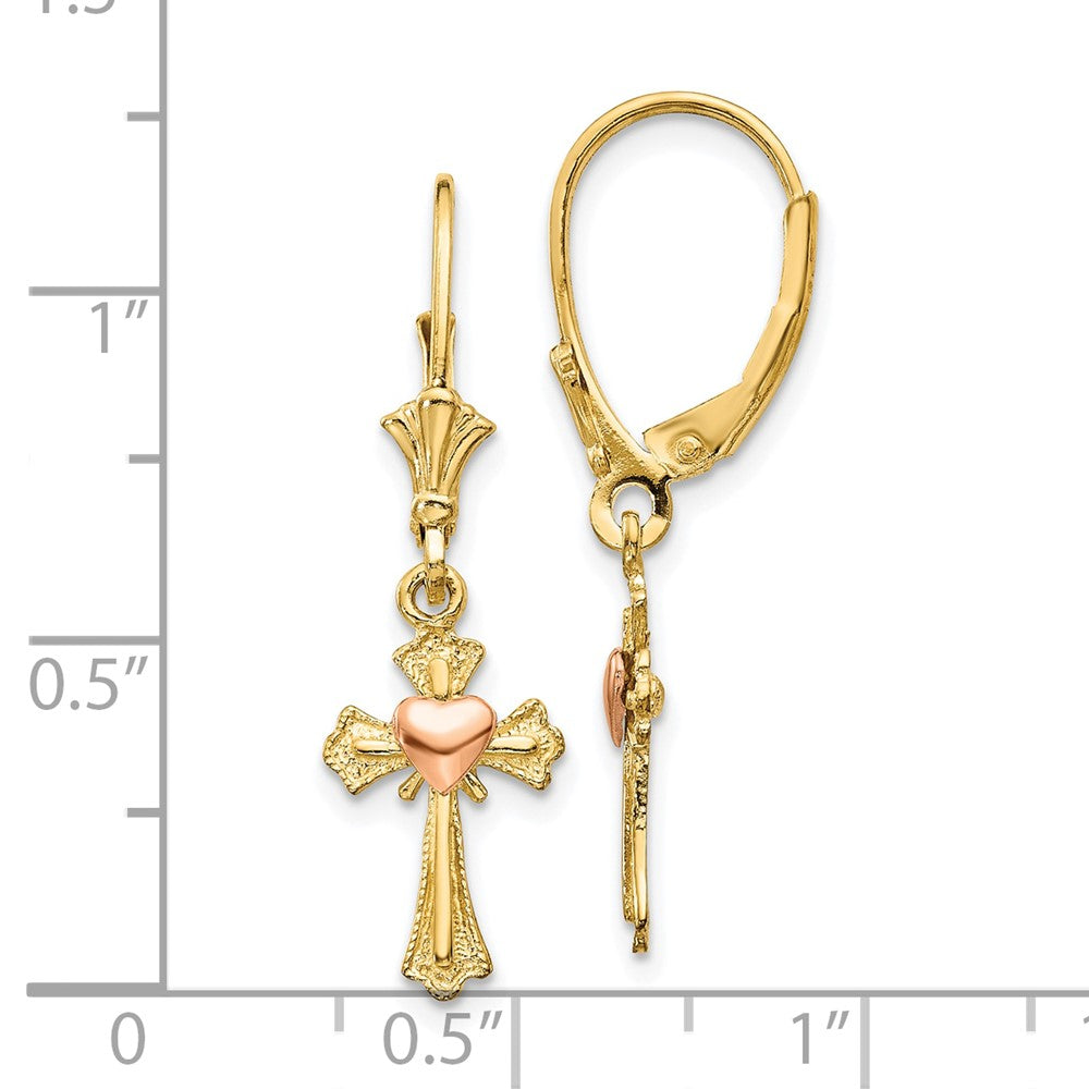 10K Two-Tone 10K Heart On Cross Leverback Earrings