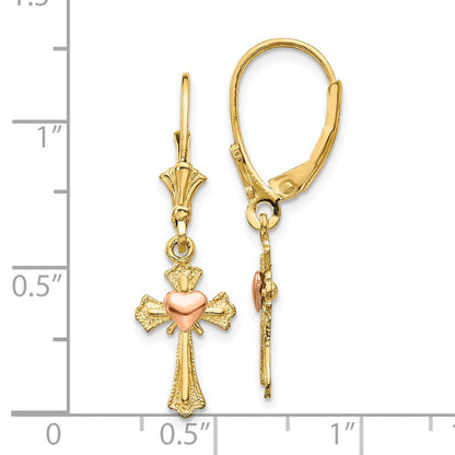 10K Two-Tone 10K Heart On Cross Leverback Earrings