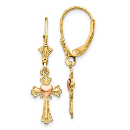 10K Two-Tone 10K Heart On Cross Leverback Earrings