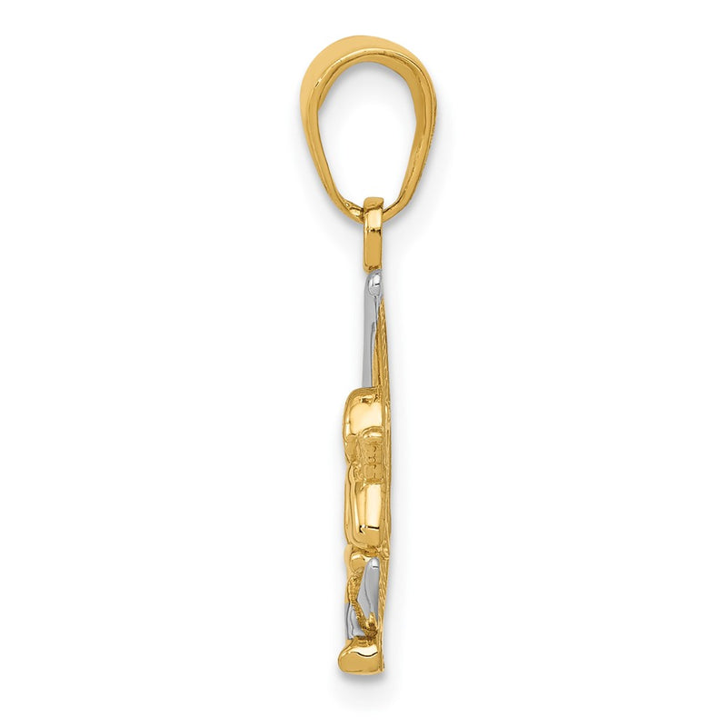 10K Yellow W/Rhodium & Rhodium Polished Moon W/ Angel Pendant