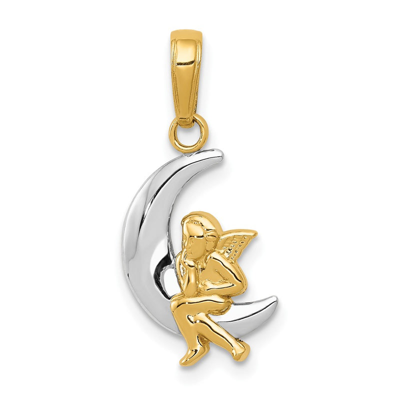 10K Yellow W/Rhodium & Rhodium Polished Moon W/ Angel Pendant