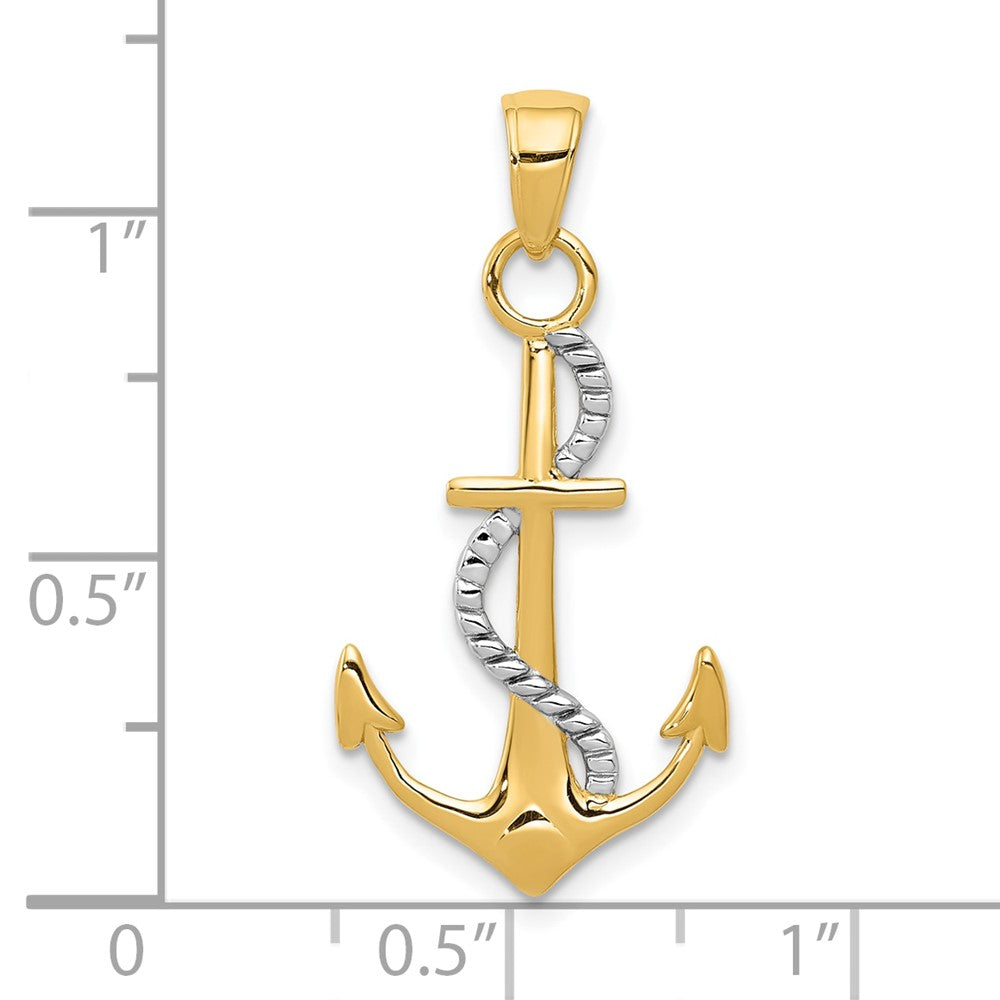 10K Yellow W/Rhodium 10K Polished Anchor W/Rope Pendant