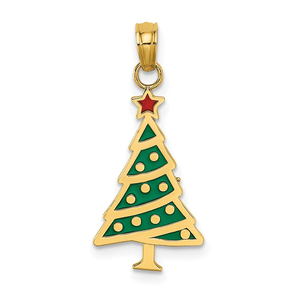 10K Yellow Gold 10K Enamel Green Christmas Tree W/ Red Star Charm