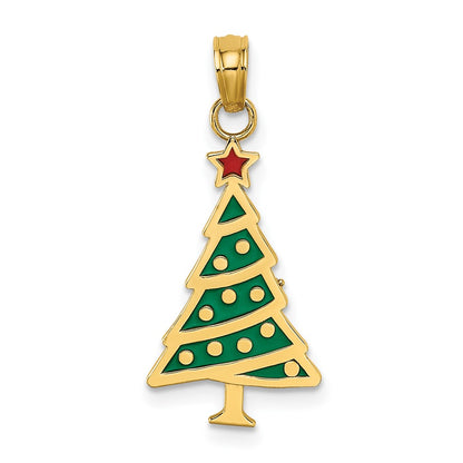 10K Yellow Gold 10K Enamel Green Christmas Tree W/ Red Star Charm
