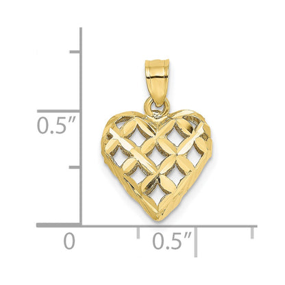10K Yellow Gold 10K 3-D Diamond-Cut Filigree Puffed Heart Charm