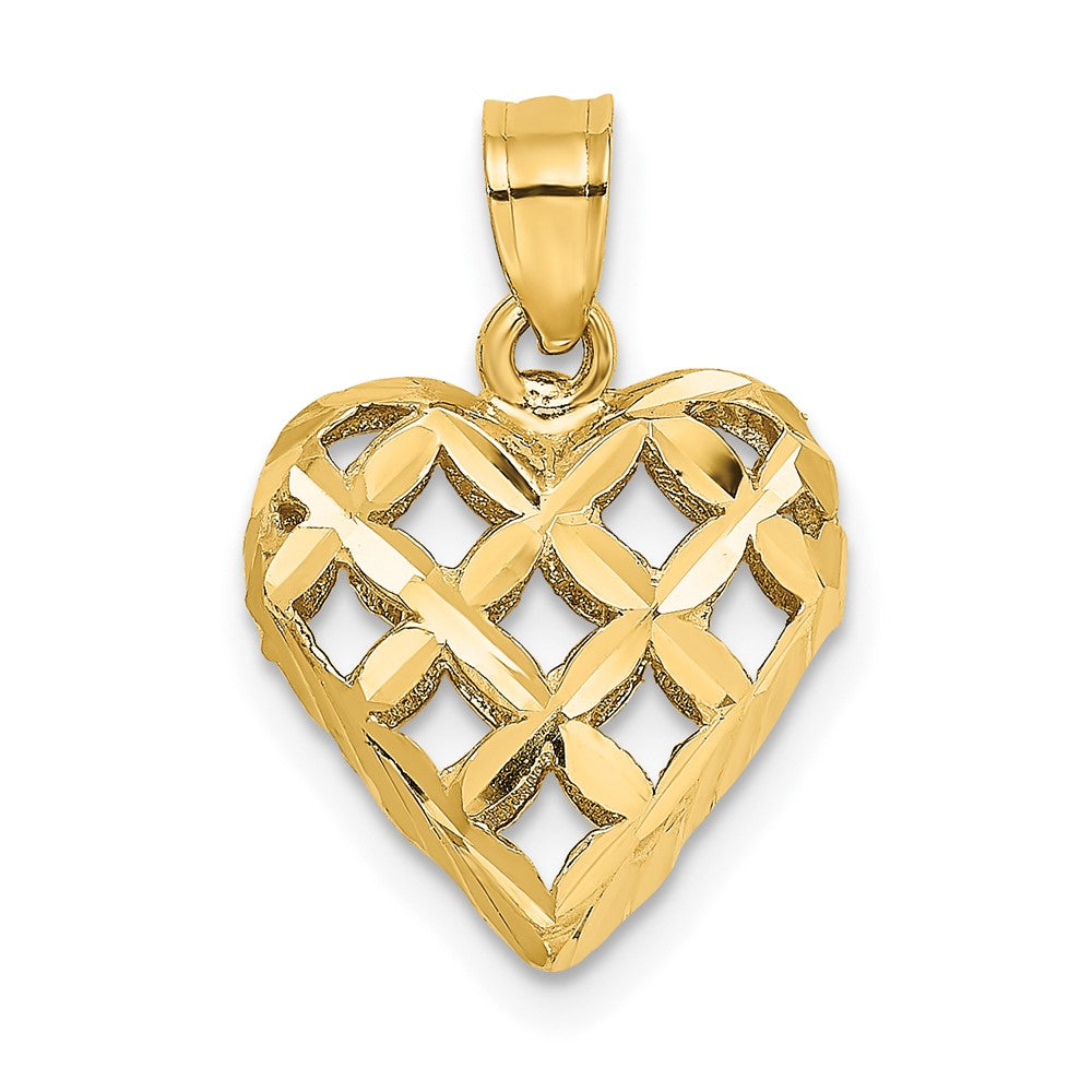 10K Yellow Gold 10K 3-D Diamond-Cut Filigree Puffed Heart Charm