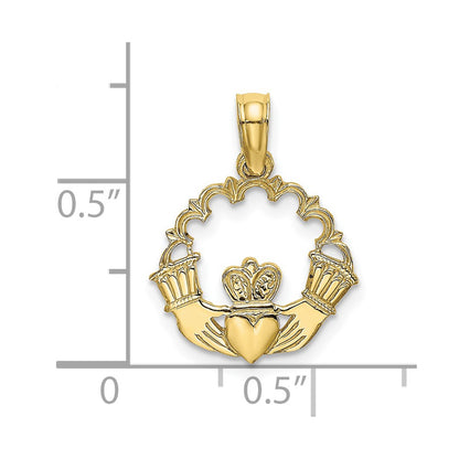 10K Yellow Gold 10K Engraved Claddagh In Scallop Circle Charm