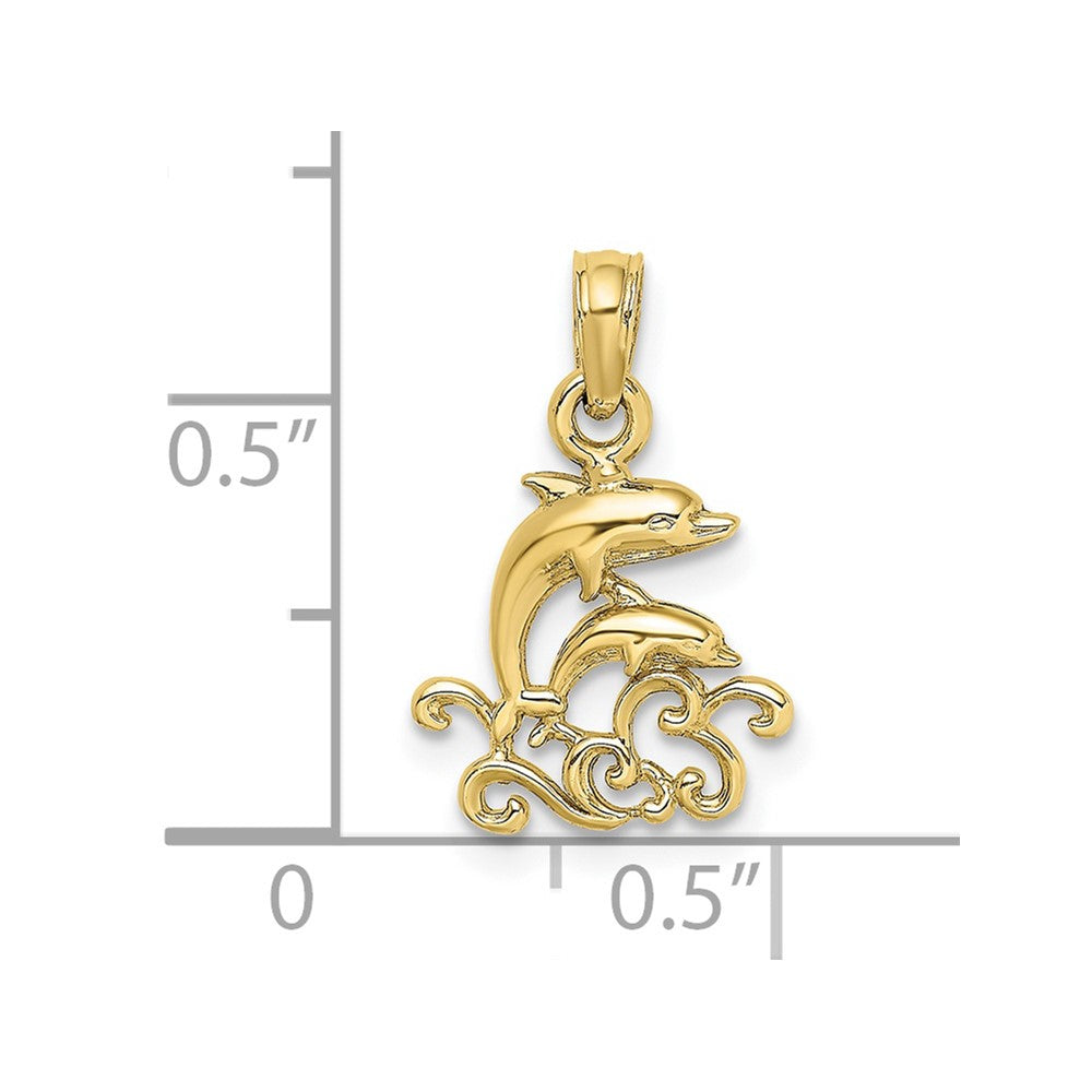 10K Yellow Gold 10K Textured Mini Double Dolphins And Waves Charm