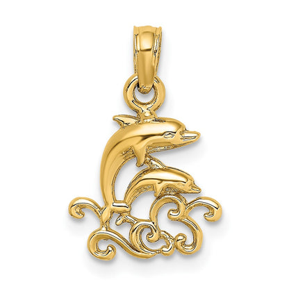 10K Yellow Gold 10K Textured Mini Double Dolphins And Waves Charm