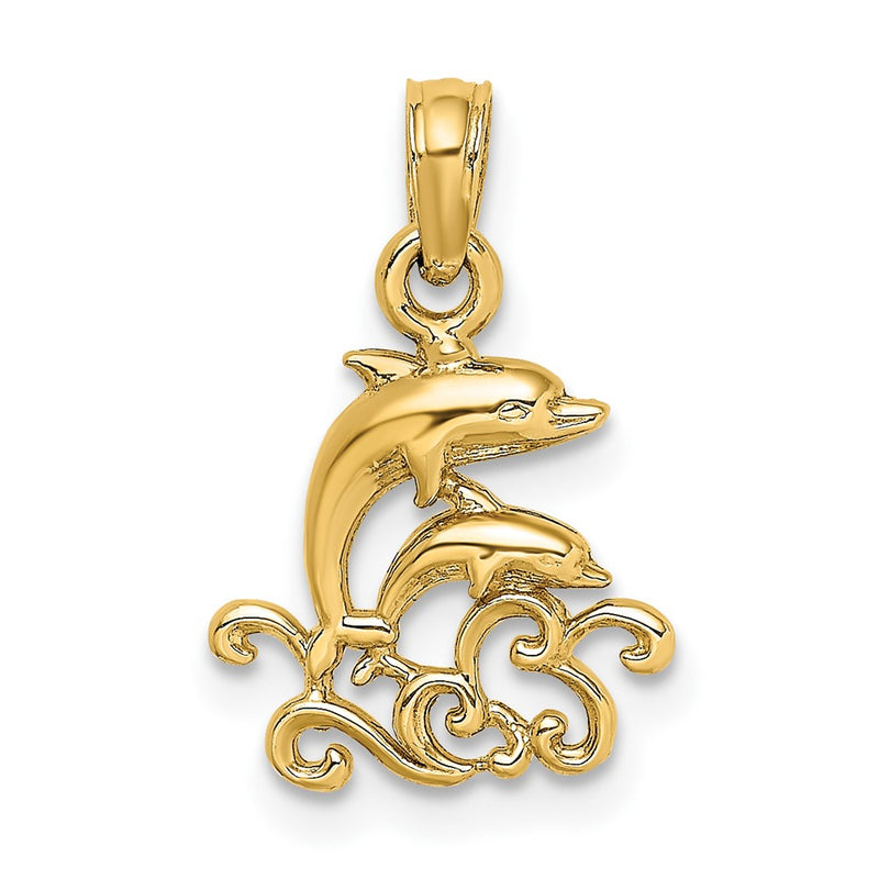 10K Yellow Gold 10K Textured Mini Double Dolphins And Waves Charm