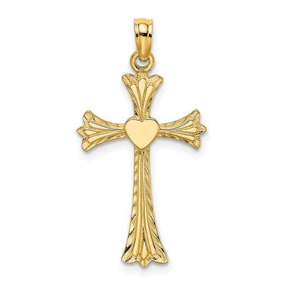 10K Yellow Gold 10K Polished And Engraved Cross W/ Heart Charm