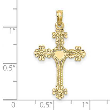 10K Yellow Gold 10K Beaded Tip Cross W/ Heart Center Charm