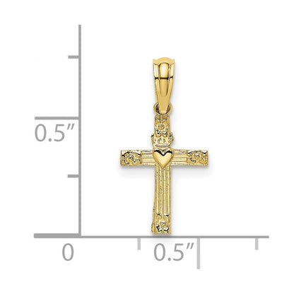 10K Yellow Gold 10K Textured Mini Cross W/ Heart Charm