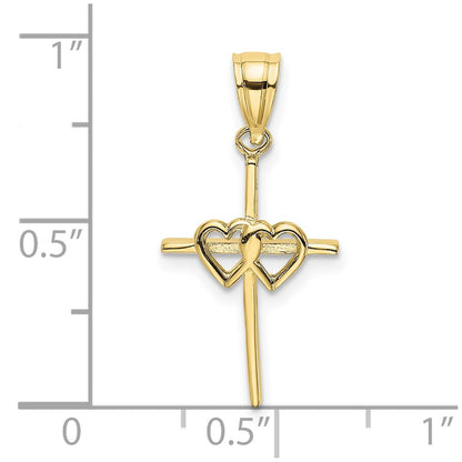 10K Yellow Gold 10K Polished Double Hearts On Stick Cross Charm