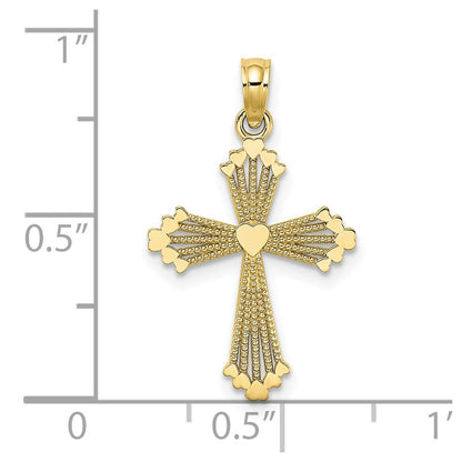10K Yellow Gold 10K Cut-Out Stripes Cross W/ Heart Charm