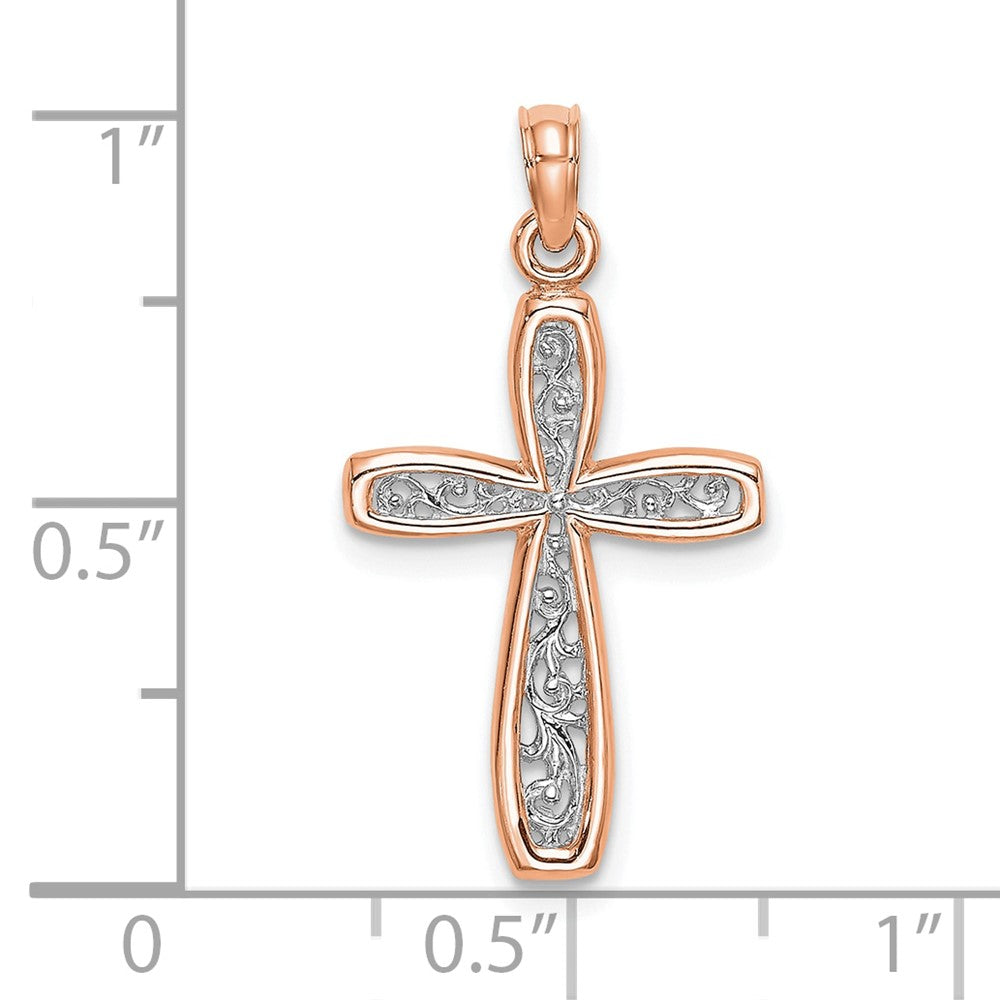10K Rose Gold 10K W/ White Rhodium Filigree Center Border Cross
