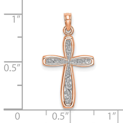 10K Rose Gold 10K W/ White Rhodium Filigree Center Border Cross