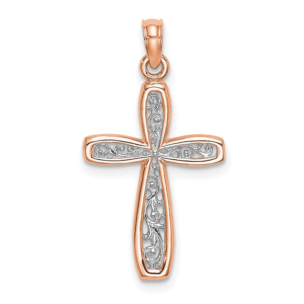 10K Rose Gold 10K W/ White Rhodium Filigree Center Border Cross