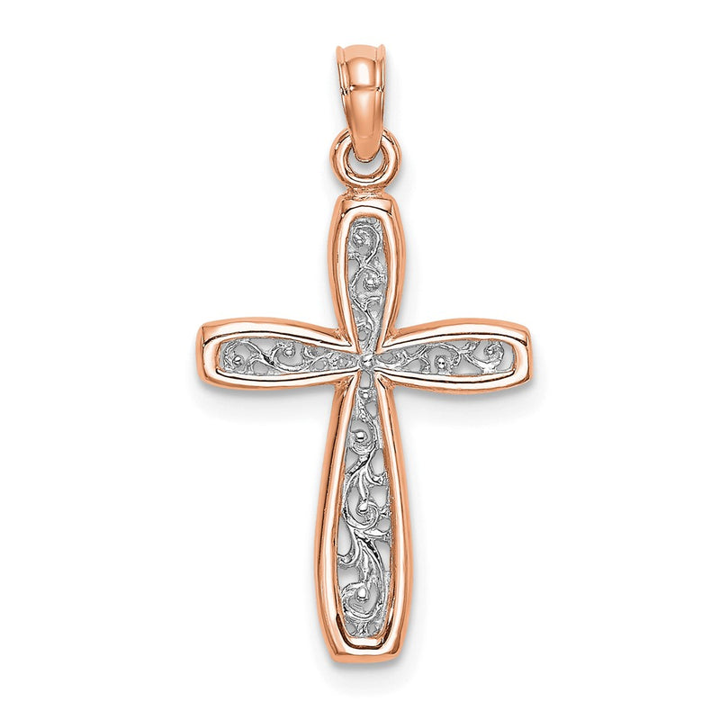 10K Rose Gold 10K W/ White Rhodium Filigree Center Border Cross