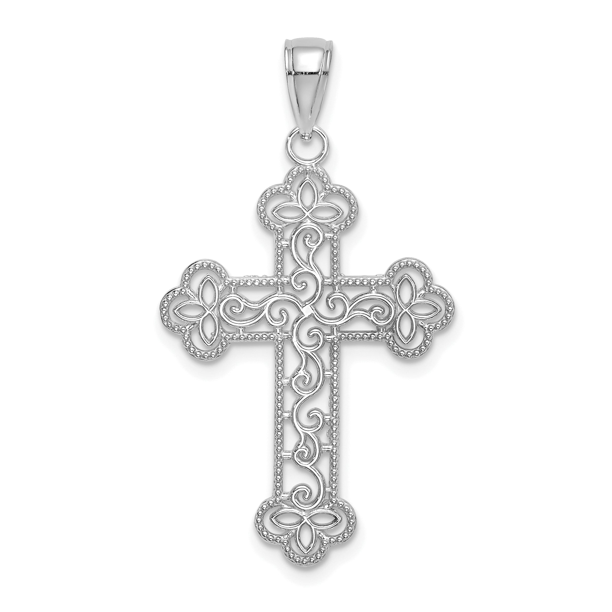 10K White Gold 10K Textured Beaded Edge Cross Charm