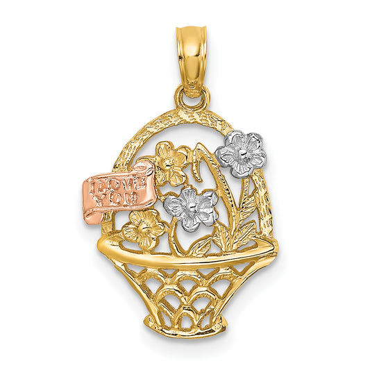 10K Two-Tone Two-Tone W/White Rhodium Flower Basket W/I Love You Charm