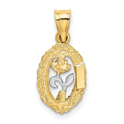 10K Two-Tone 10K W/White Rhodium Rose In Oval Frame Charm