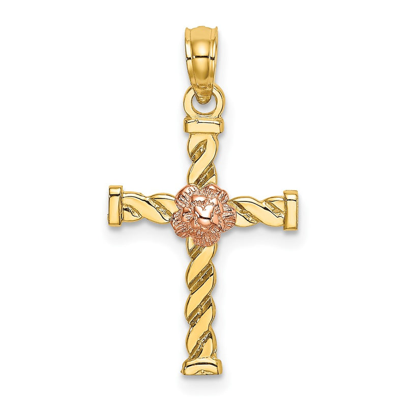 10K Two-Tone 10K Two-Tone Twisted Cross W/ Flower Charm