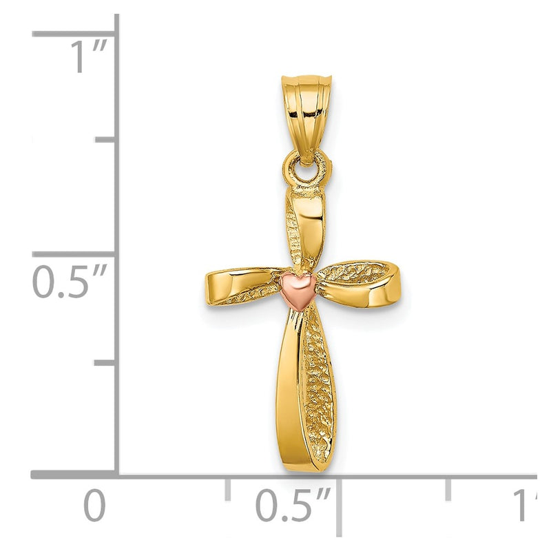 10K Two-Tone Two-Tone Twisted Cross W/ Heart Charm