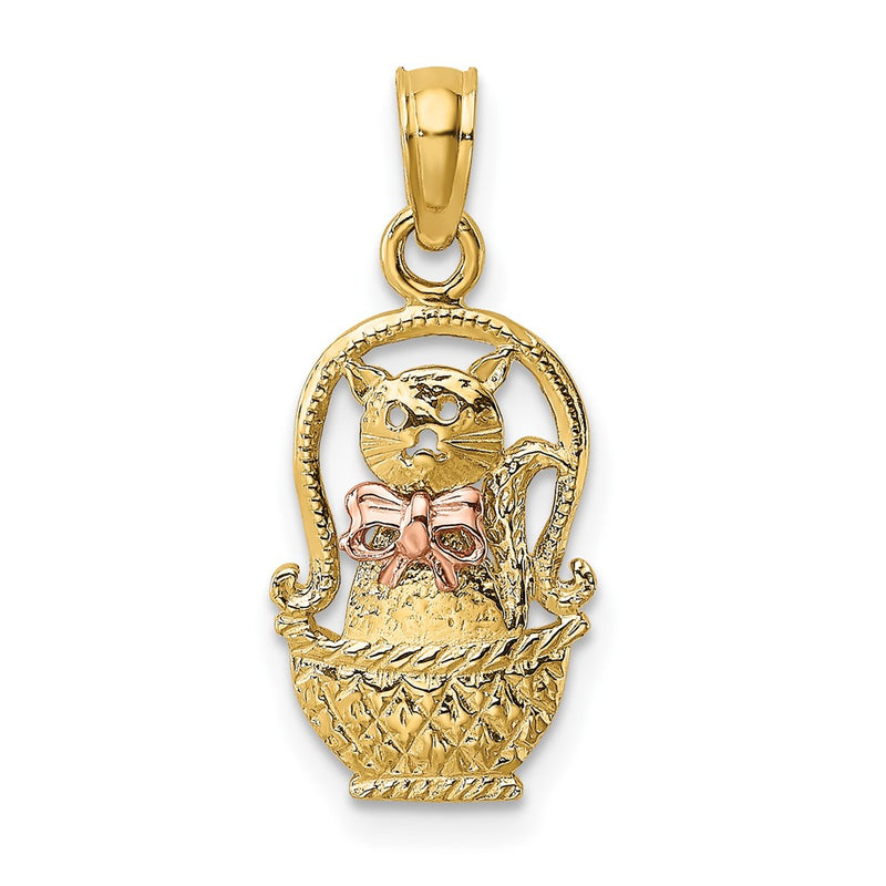 10K Two-Tone Two-Tone Cat W/ Bow In Basket Charm