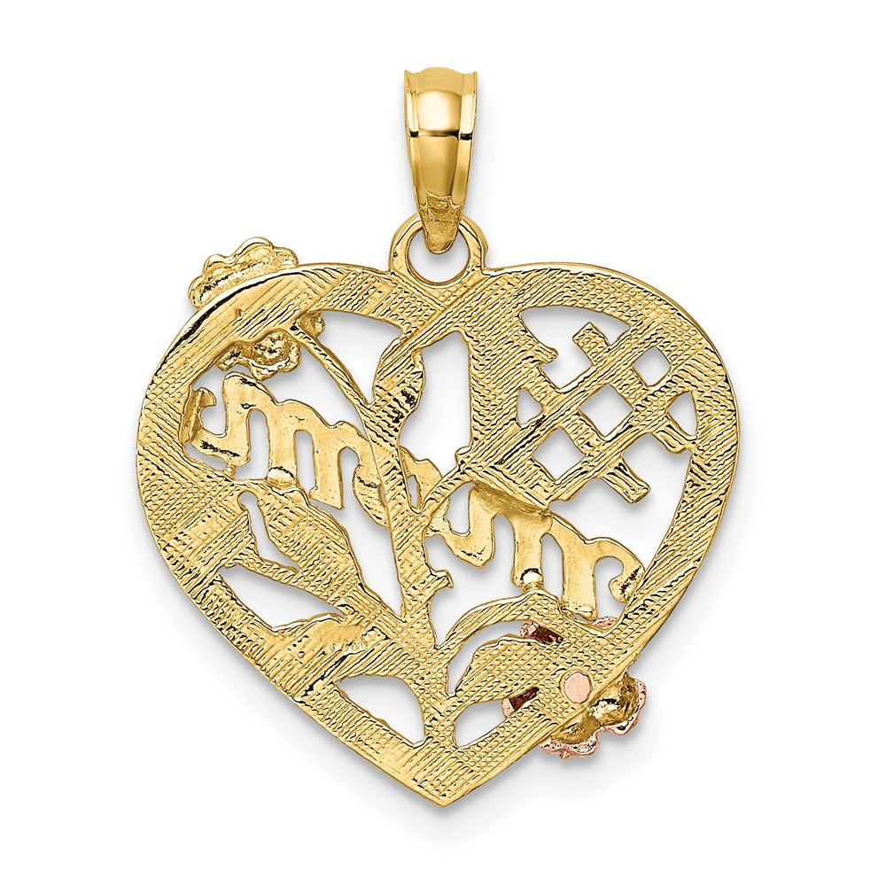 10K Two-Tone W/White Rhodium #1 Mom Heart W/ Flower Charm