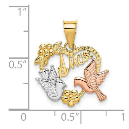 10K Two-Tone W/White Rhodium Amor Heart W/Doves Charm