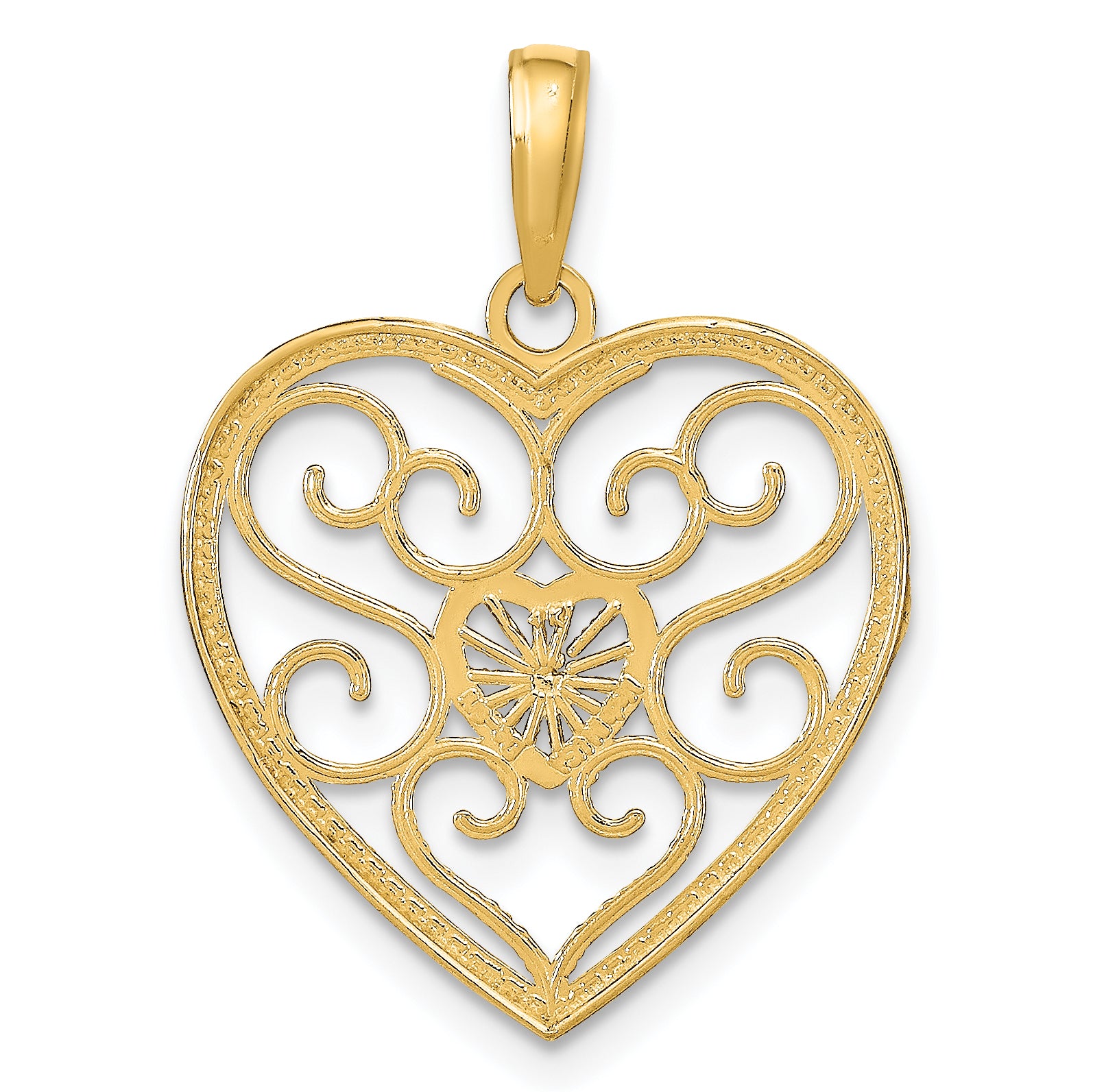 10K Yellow W/Rhodium Filigree Beaded Heart Charm