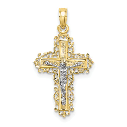10K Two-Tone 10K Textured W/ Lace Trim Crucifix Charm