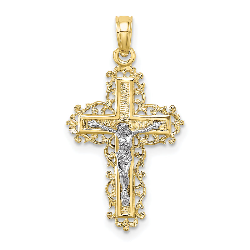 10K Two-Tone 10K Textured W/ Lace Trim Crucifix Charm