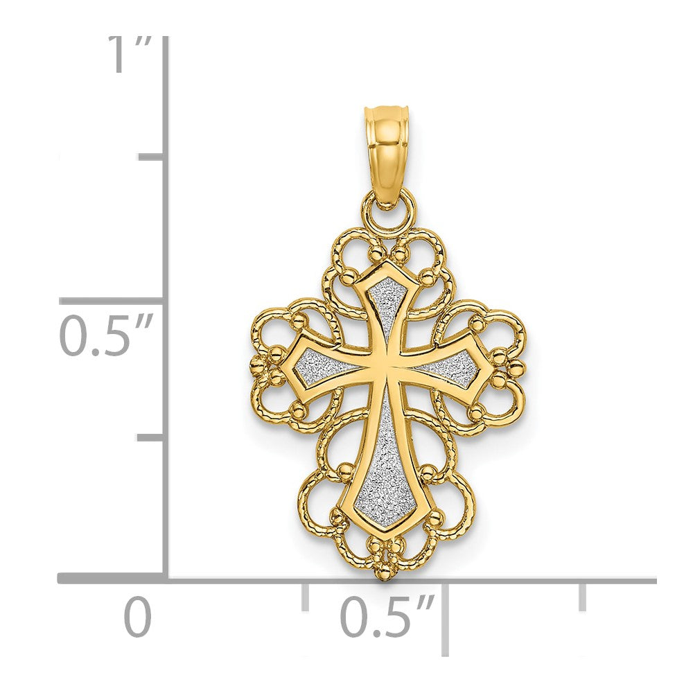 10K Yellow W/Rhodium 10K W/ Rhodium Beaded Lace Trim Cross Charm