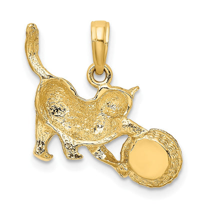 10K Yellow W/Rhodium 10K Cat Playing W/Yarn In Basket Charm