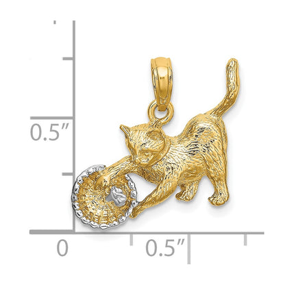 10K Yellow W/Rhodium 10K Cat Playing W/Yarn In Basket Charm