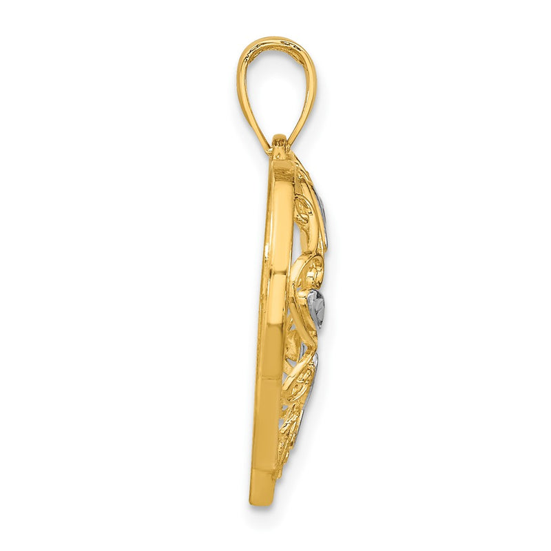 10K Yellow W/Rhodium 10K W/ Rhodium D/C Filigree Heart Charm