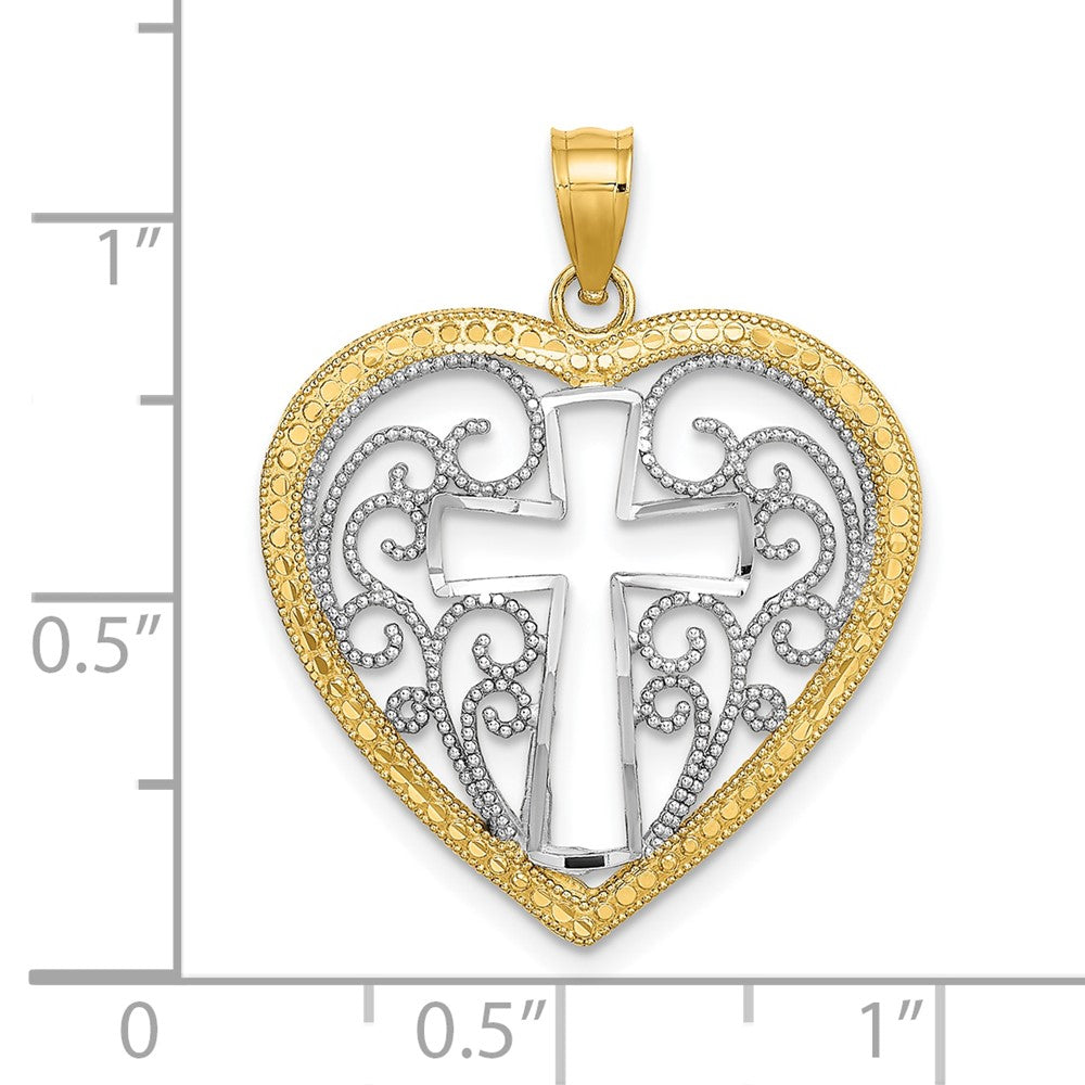 10K Yellow W/Rhodium 10K W/ Rhodiumcut-Out Beaded Filigree Heart Cross Charm