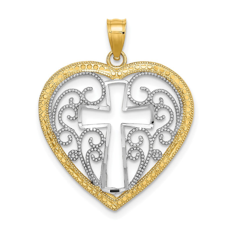 10K Yellow W/Rhodium 10K W/ Rhodiumcut-Out Beaded Filigree Heart Cross Charm
