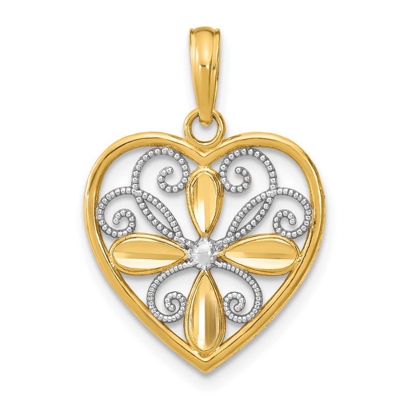 10K Yellow W/Rhodium 10K W/ Rhodium Beaded Filigree Fashion Heart Charm