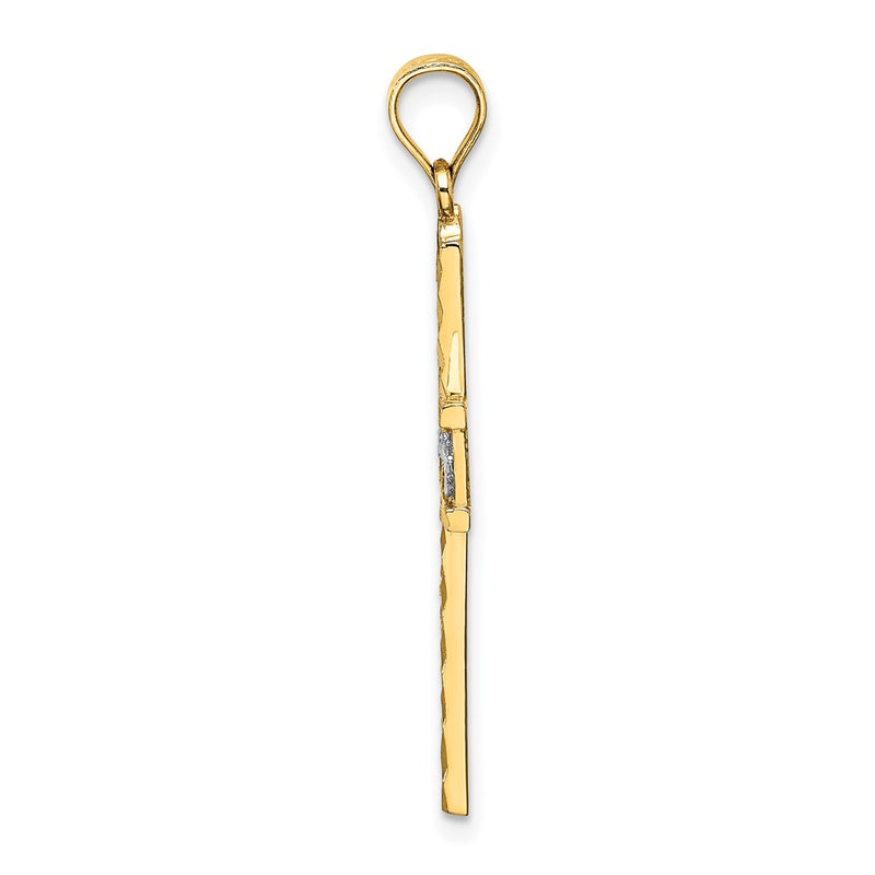 10K Yellow W/Rhodium 10K W/ Rhodium And D/C Flower Design Cross Charm