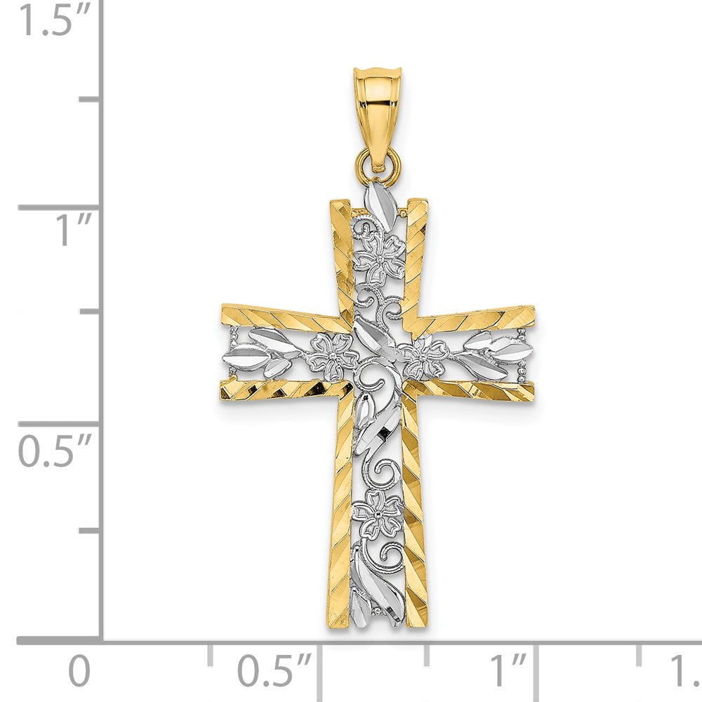 10K Yellow W/Rhodium 10K W/ Rhodium And D/C Flower Design Cross Charm