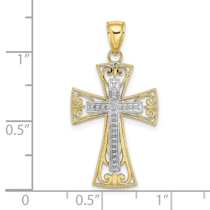 10K Two-Tone 10K 2-D And D/C Beaded Filigree Cross Charm