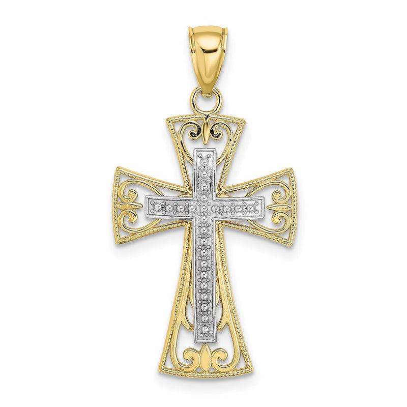 10K Two-Tone 10K 2-D And D/C Beaded Filigree Cross Charm