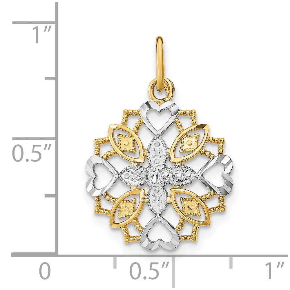 10K Yellow W/Rhodium 10K Center Flower And Heart Charm