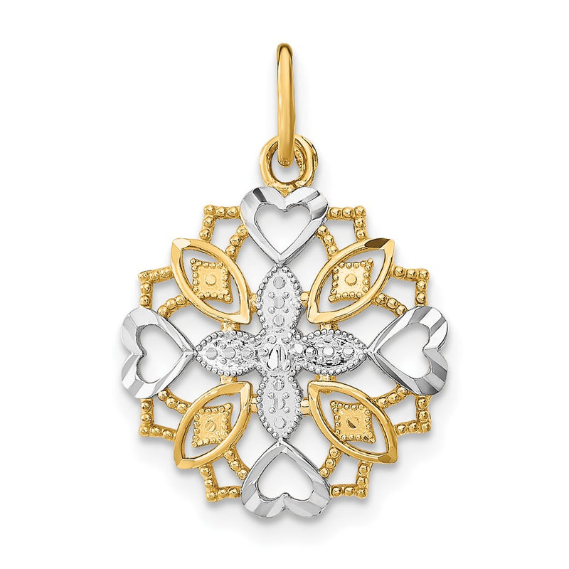 10K Yellow W/Rhodium 10K Center Flower And Heart Charm